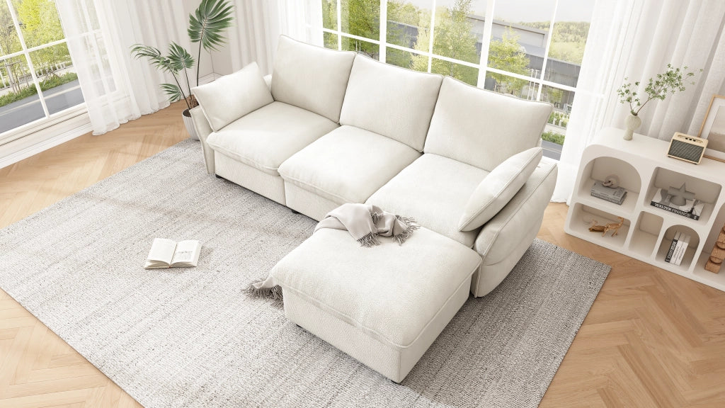 Divano angolare in chenille con pouf e 2 cuscini, struttura in schiuma elastica beige 222,5 × 154,5 × 76,5 cm