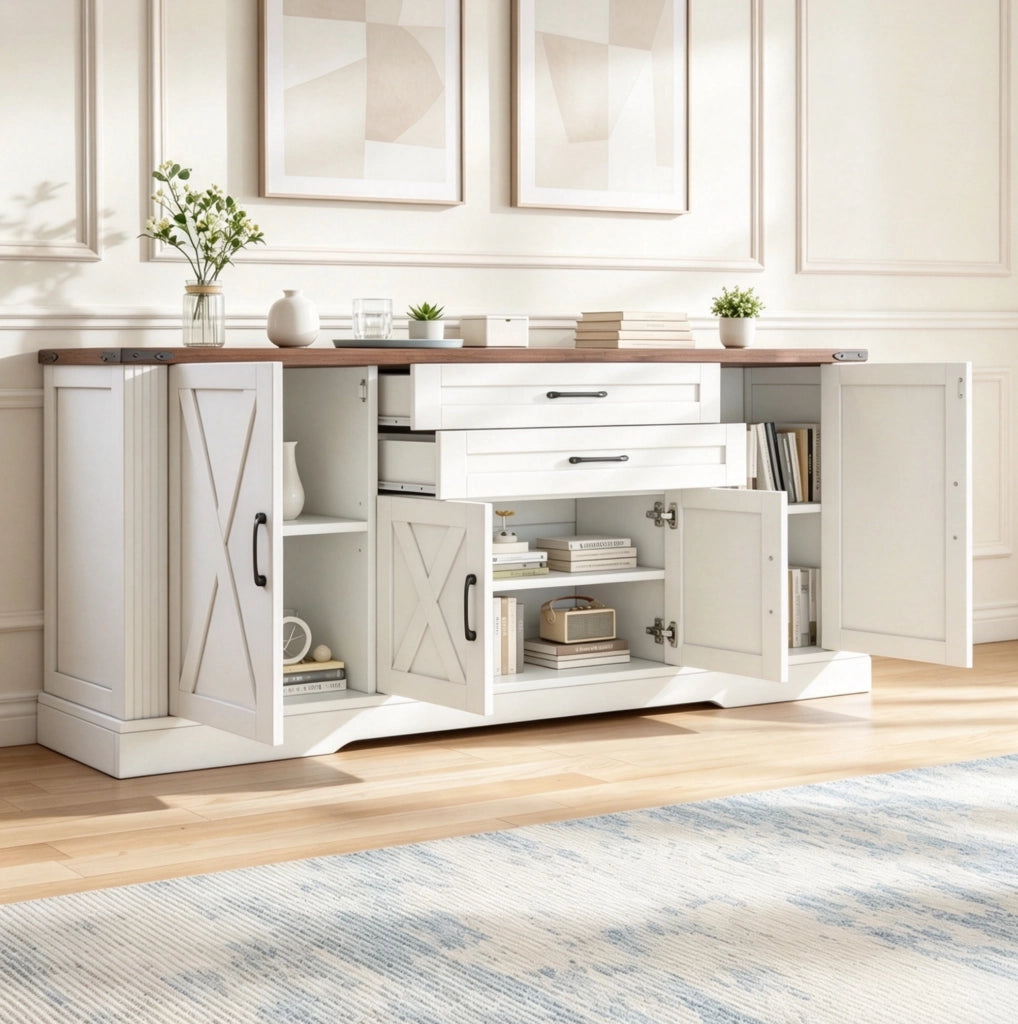 Sideboard bianco con 4 ante e 2 cassetti, piano di appoggio 160 cm