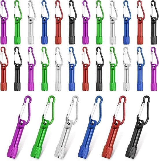 30 Pezzi di Mini Portachiavi con Lampada LED Ultra Brillante – Caricabatteria Metallico – Compatta – per Camping - Escursioni - Bicicletta & Emergenza
