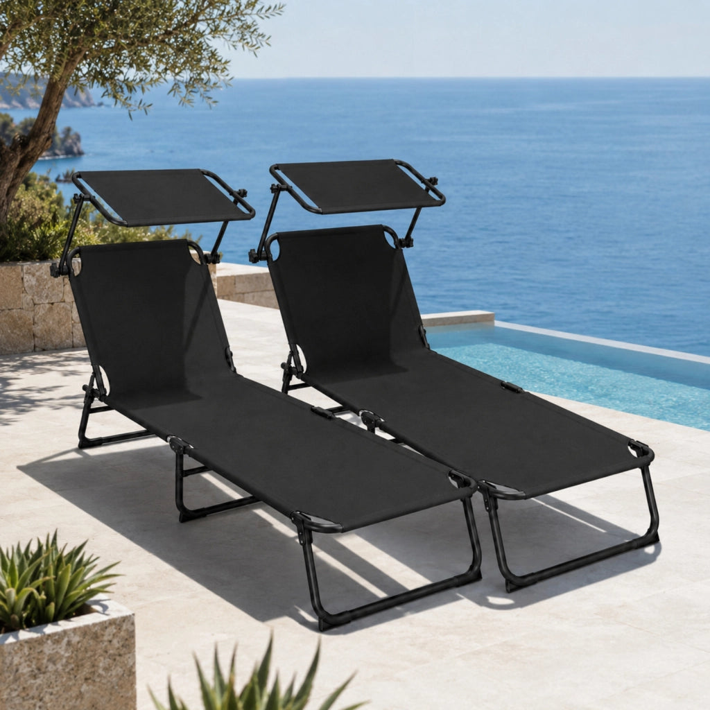 Set 2 Lettini Mare Pieghevoli Struttura In Acciaio Traspirante Con Schienale Reclinabile E Tettuccio Parasole Regolabile Ideali Per Spiaggia Giardino Campeggio Relax Estivo 24 X 187 X 53 Cm Nero