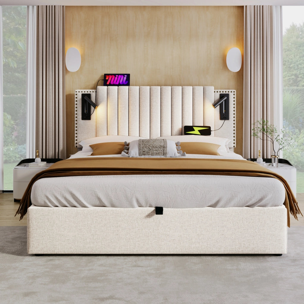Letto matrimoniale contenitore 180x200 cm in cotone beige con testiera regolabile; luce lettura e porte USB