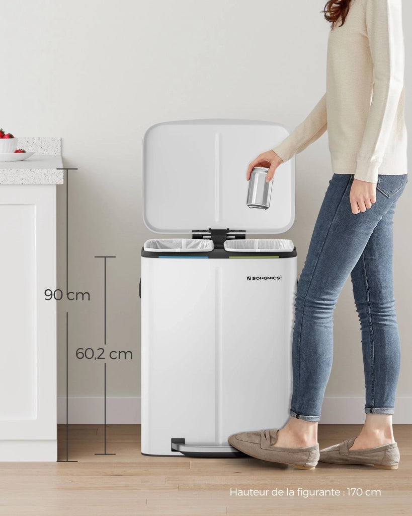 Pattumiera doppia 2 contenitori in metallo da 20 litri con secchi interni in plastica e coperchio incernierato maniglie chiusura ammortizzata a prova di perdite bianco 12_0007169