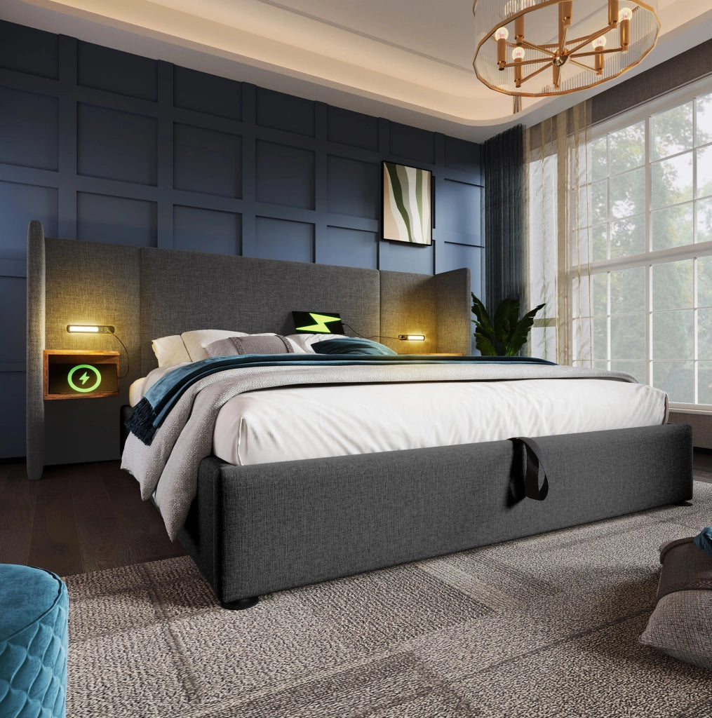 Letto matrimoniale 180x200 cm con contenitore; testiera con lampada da lettura; USB e Type-C; grigio