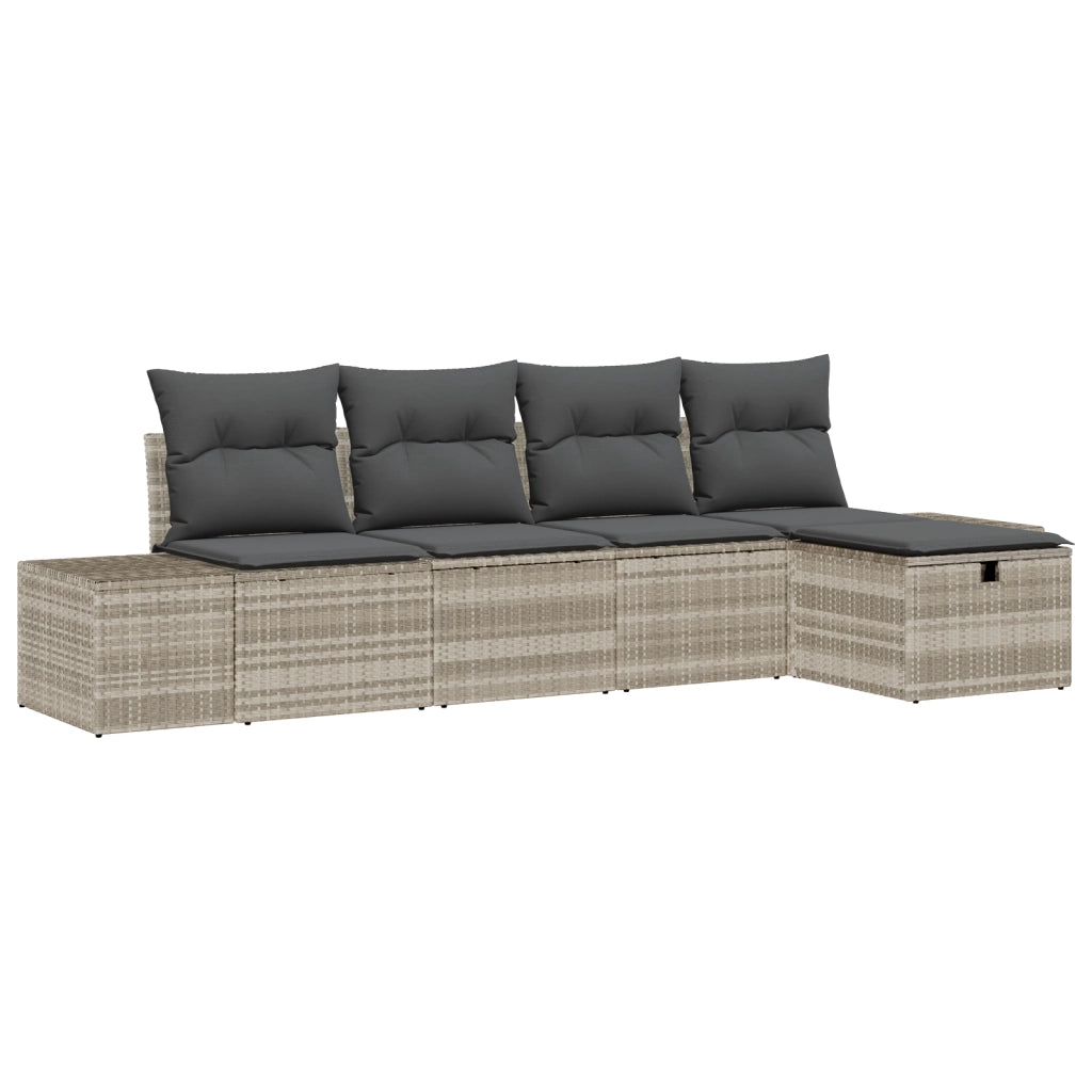 Set di 5 Pezzi Divano da Giardino con Cuscini Grigio Chiaro in Polyrattan
