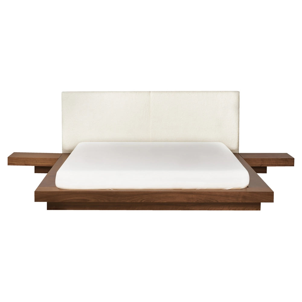 Letto LED in stile giapponese in frassino marrone 160 x 200 cm testata impiallacciata in legno bouclé a basso profilo camera da letto