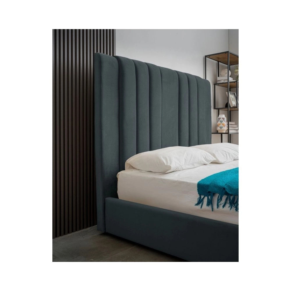 Letto matrimoniale Wilma imbottito con contenitore in tessuto Vogue colore blu pacific