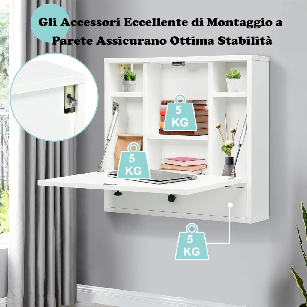 Scrivania Pieghevole a Muro, Tavolo da Parete con Ripiani e Cassetto e Piano Ribaltabile, Scrivania a Ribalta da Parete Multiuso da Studio Camera da Letto e Soggiorno (Bianco)