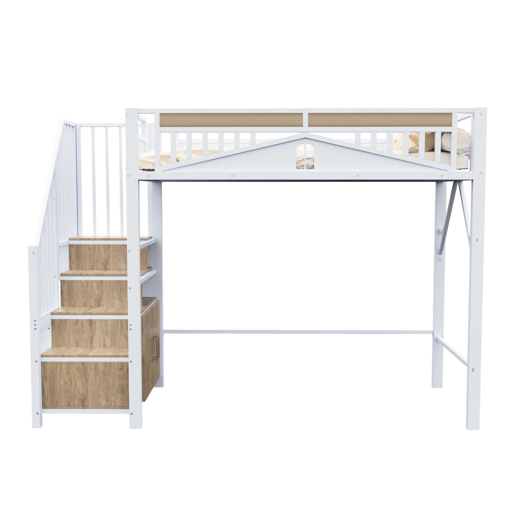 LETTO A SOPPALCO 90x200 cm in metallo e legno, bianco, con scala contenitore