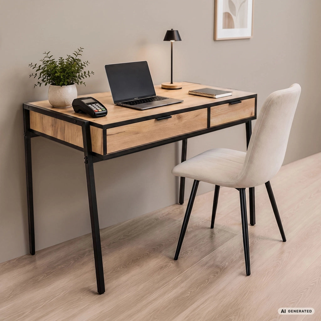 Scrivania industriale per computer Rovere Craft ZENTIA 100 cm 2 cassetti gambe nere