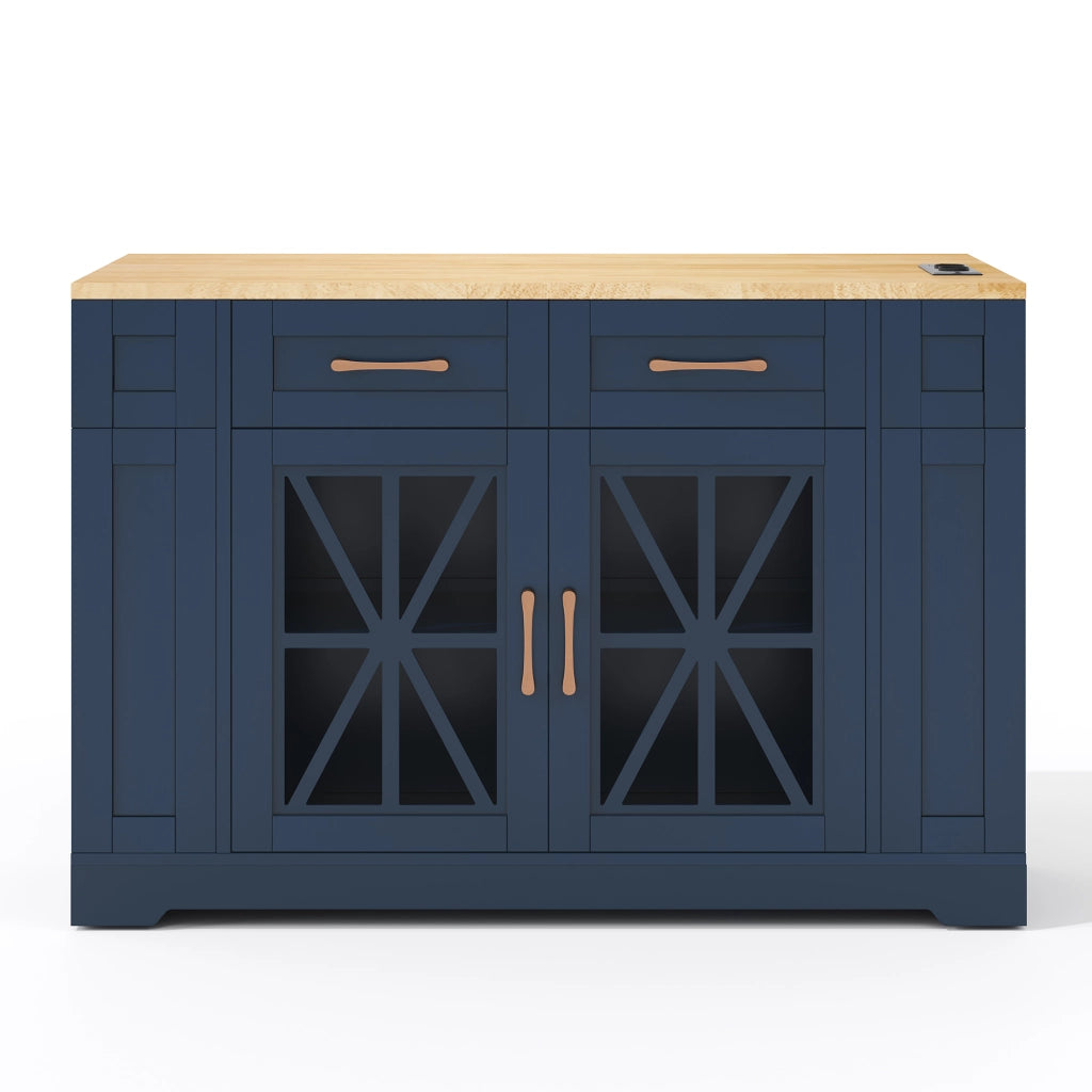 Isola da Cucina Mobile 120x40/65x92 cm Blu e Legno con Piano Ribaltabile, 2 Prese, 2 USB e Ruote