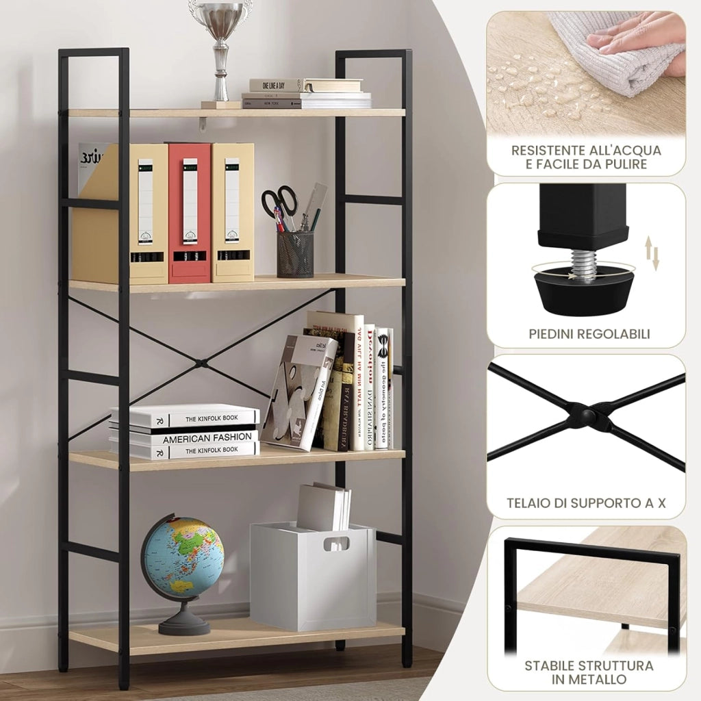 Libreria a 4 Livelli, Scaffale in Piedi con Struttura in Metallo, per Soggiorno, Camera da Letto, Cucina, Ufficio, Studio, Rovere Chiaro + Nero