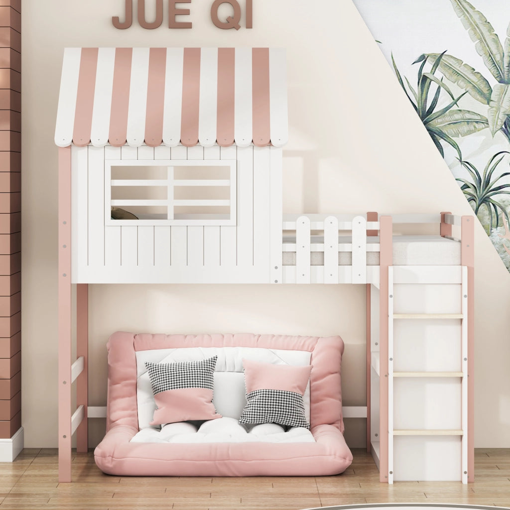 Letto a castello rosa in legno massello con funzione letto alto e basso 90x200 cm