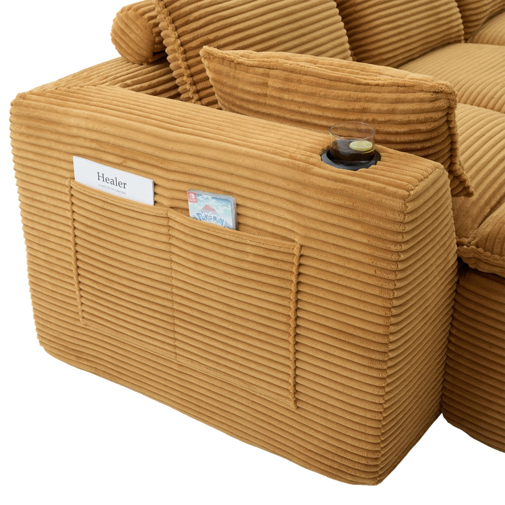 Divano modulare con tasche laterali cuscini schiuma e molle in velluto a coste arancione 322 × 161 × 75 cm