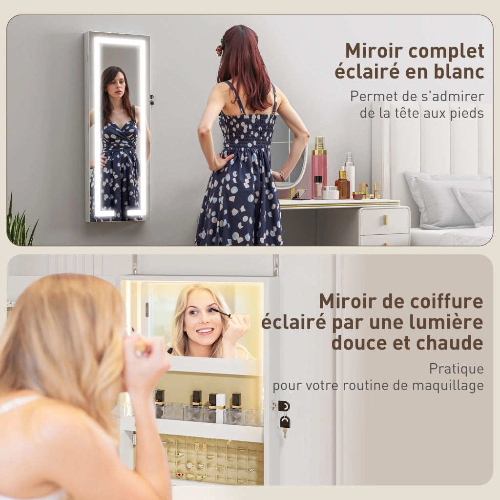 Armadio portagioie da parete con specchio e LED ¨C Xylo ¨C Bianco 37x10,5x108cm