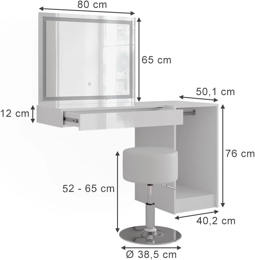 Tavolo da toeletta Sherry, Bianco/bianco lucido, 120 cm 4 parti, con illuminazione LED e specchio integrato
