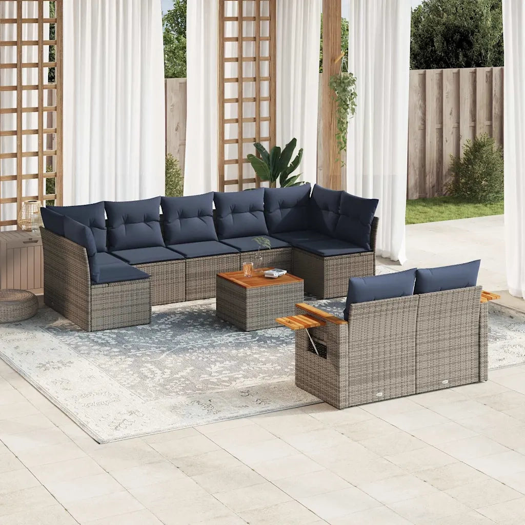 Set Divani da Giardino 10 pz con Cuscini Grigio in Polyrattan