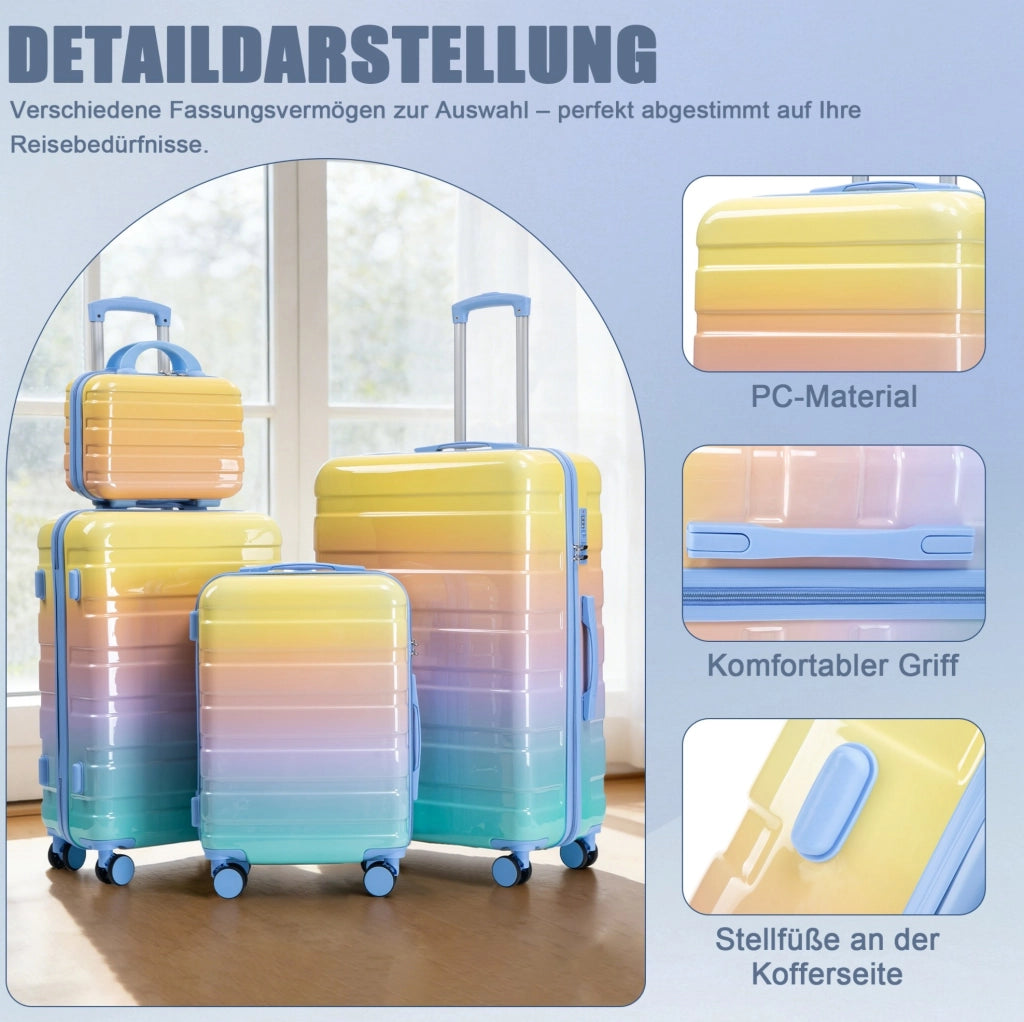 Set Valigie Rigide PC 4 Pezzi con Spinner 360°, Valigetta Cosmetici 14" Gialla, Serratura a Combinazione