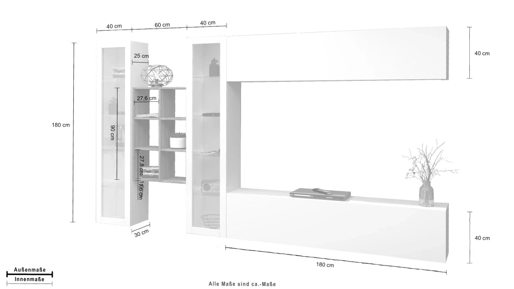Parete attrezzata bianca pensile mobile TV sospeso libreria 2 vetrine Kary WH