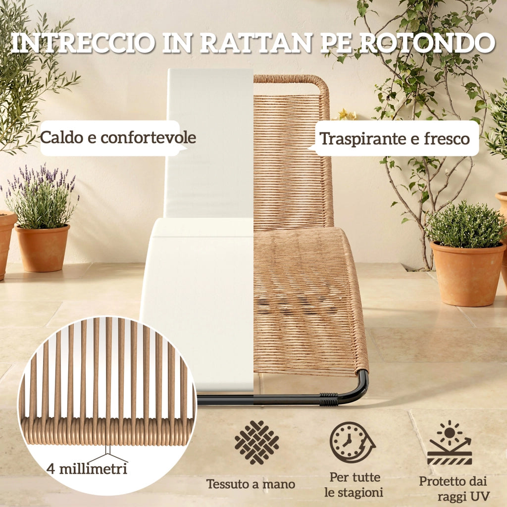Lettino Sdraio a S da Esterno con Cuscino, in Rattan PE e Acciaio, 175x57x80 cm, Crema