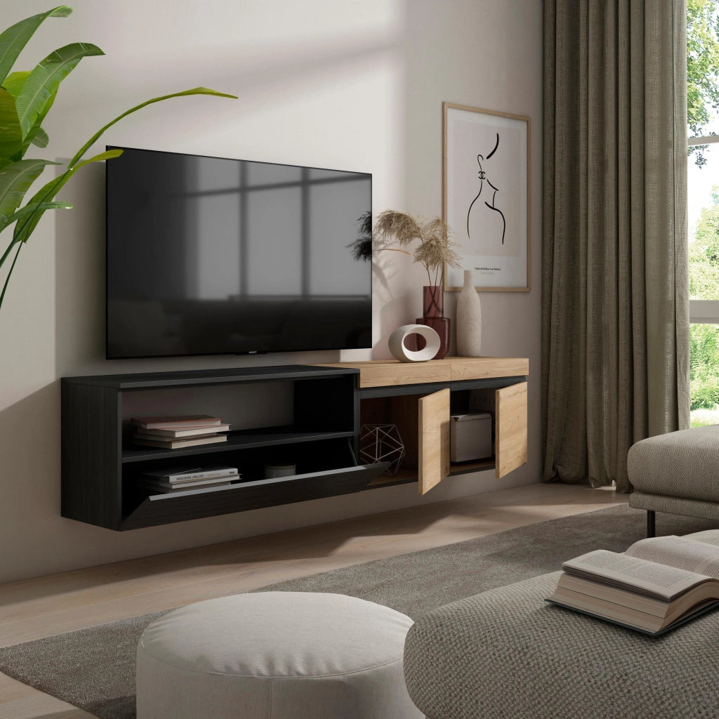 Mobile TV, 200x35x45cm, soggiorno, Per TV fino a 80", da appendere, colore Rovere e nero RF2252