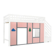 Letto a Soppalco 90x200 cm - Scala Contenitore; LED e Sponda - in Legno Massello e Rosa