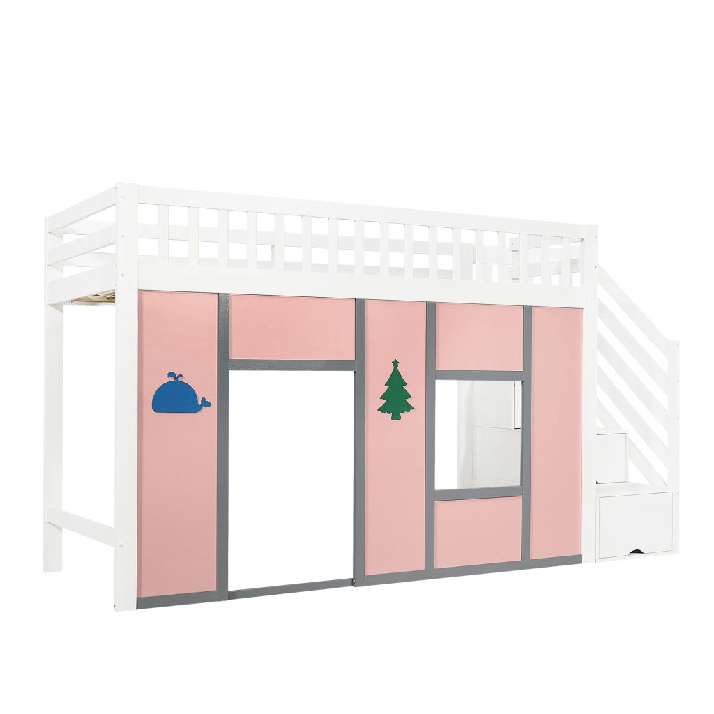 Letto a Soppalco 90x200 cm - Scala Contenitore; LED e Sponda - in Legno Massello e Rosa