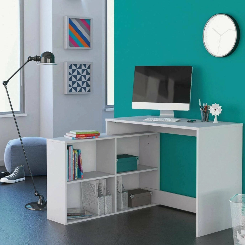 Scrivania Kyarr, Scrittoio multiuso, Tavolo per ufficio porta PC, Piano di lavoro, 112x101 h77 cm, Bianco opaco