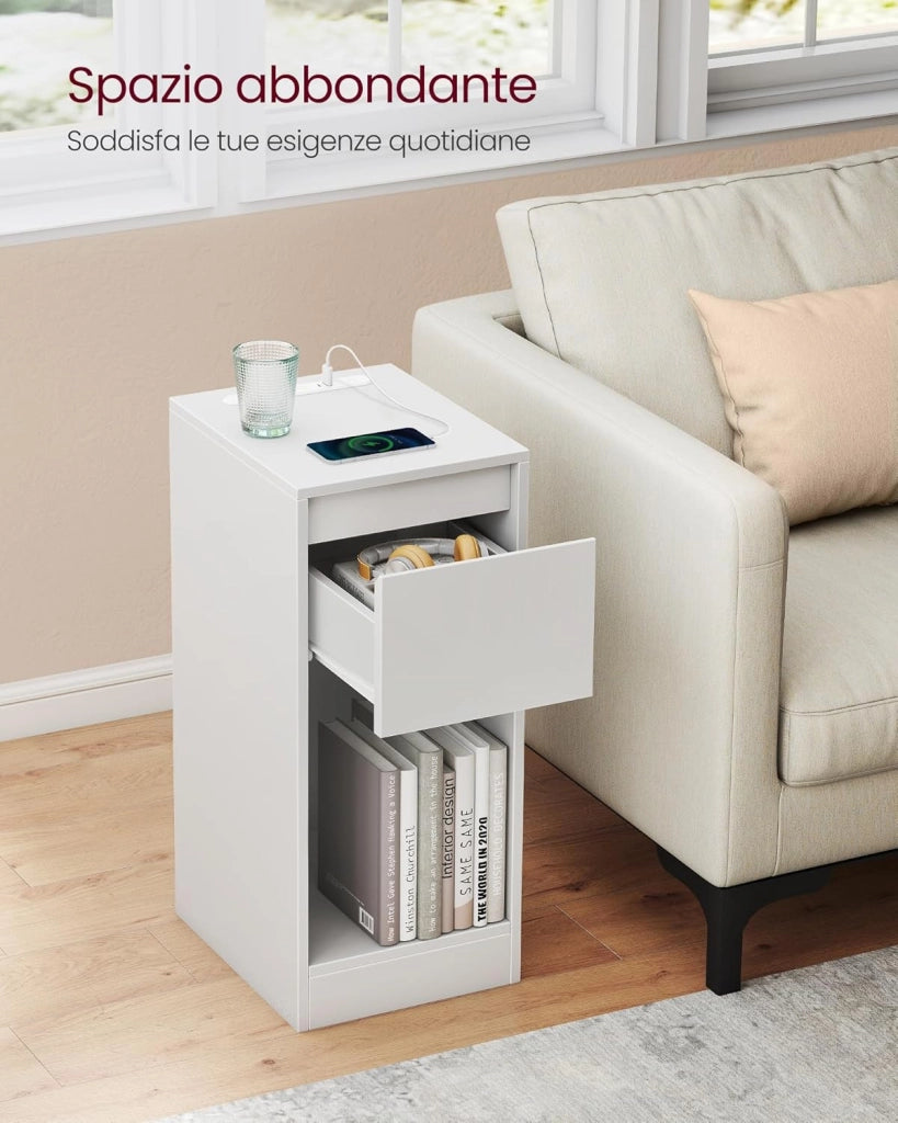 VASAGLE Comodino sottile con stazione di ricarica e luce LED, set di 2 tavolini laterali stretti, porte USB, cassetto e scomparto aperto, per camera da letto, soggiorno, bianco nuvola LET710W01