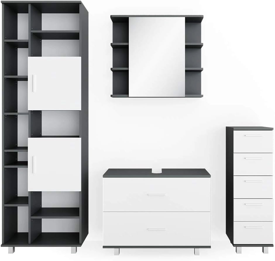 Set mobili bagno Ilias, Bianco/antracite, 80.2 cm, composto da mobile lavabo, pensile a specchio, colonna e base media