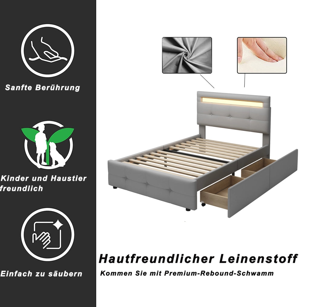 Letto singolo 90x200 cm imbottito con LED; 2 cassetti e rete a doghe; grigio