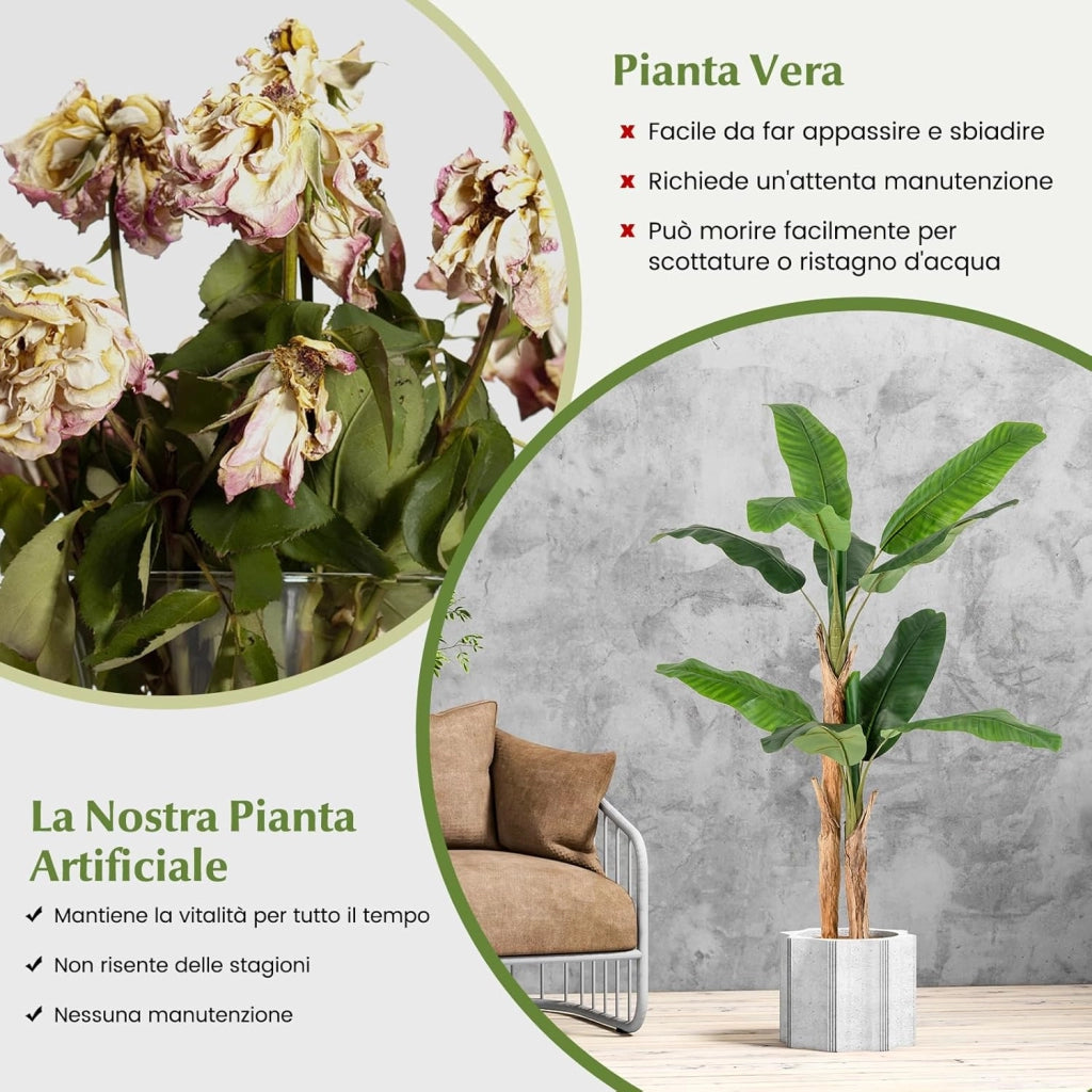 Pianta Finta da Interno ed Esterno 160/165/195 cm, Banano Artificiale Alto con Foglie e Tronchi, Pianta Artificiale Grande in Vaso per Salotto, Ingresso e Ufficio (165 cm)