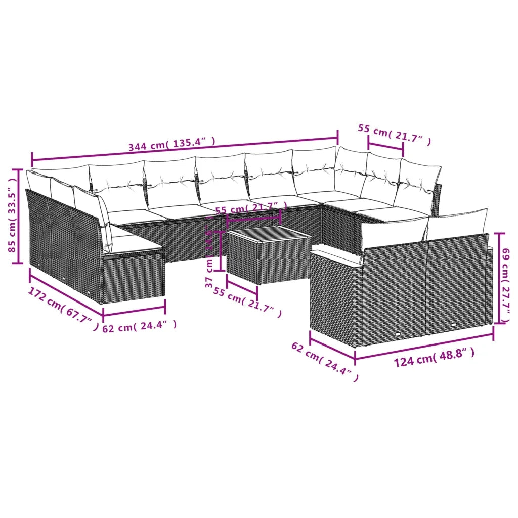 Set Divani da Giardino 13pz con Cuscini Nero in Polyrattan 3258849