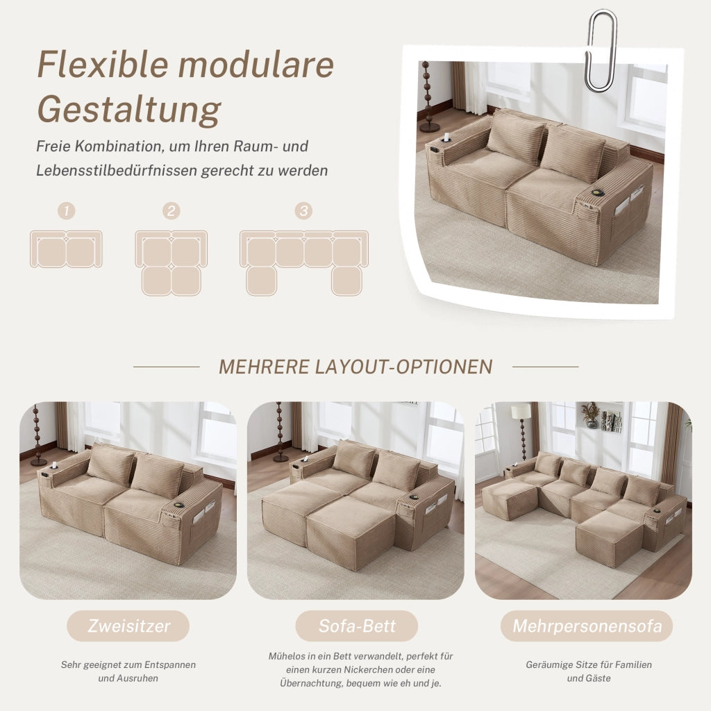 Divano Modulare 2 Posti con Portabicchieri e Tasche Laterali, Seduta con Molle, in Velluto a Coste Cachi 188 × 90 × 75 cm