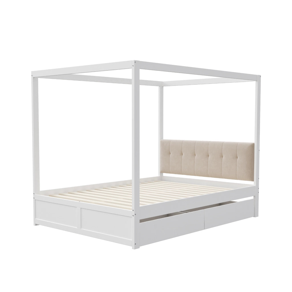 LETTO a tenda 140x200 cm con 2 cassetti e testiera imbottita bianco