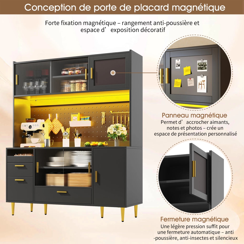 Credenza con cassetti; LED e ripiani regolabili per cucina e sala da pranzo; nero; 140 × 40 × 180 cm