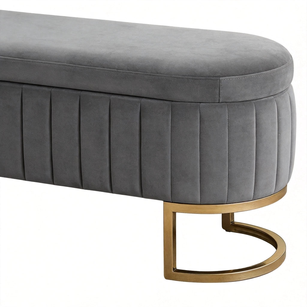 Panca contenitore in velluto grigio chiaro da 130 cm con piedini metallici dorati