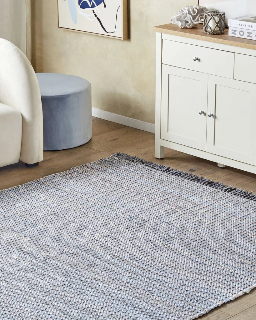 Tappeto di pezza in cotone grigio 160 x 230 cm con frangia rettangolare fatto a mano Boho eclettico