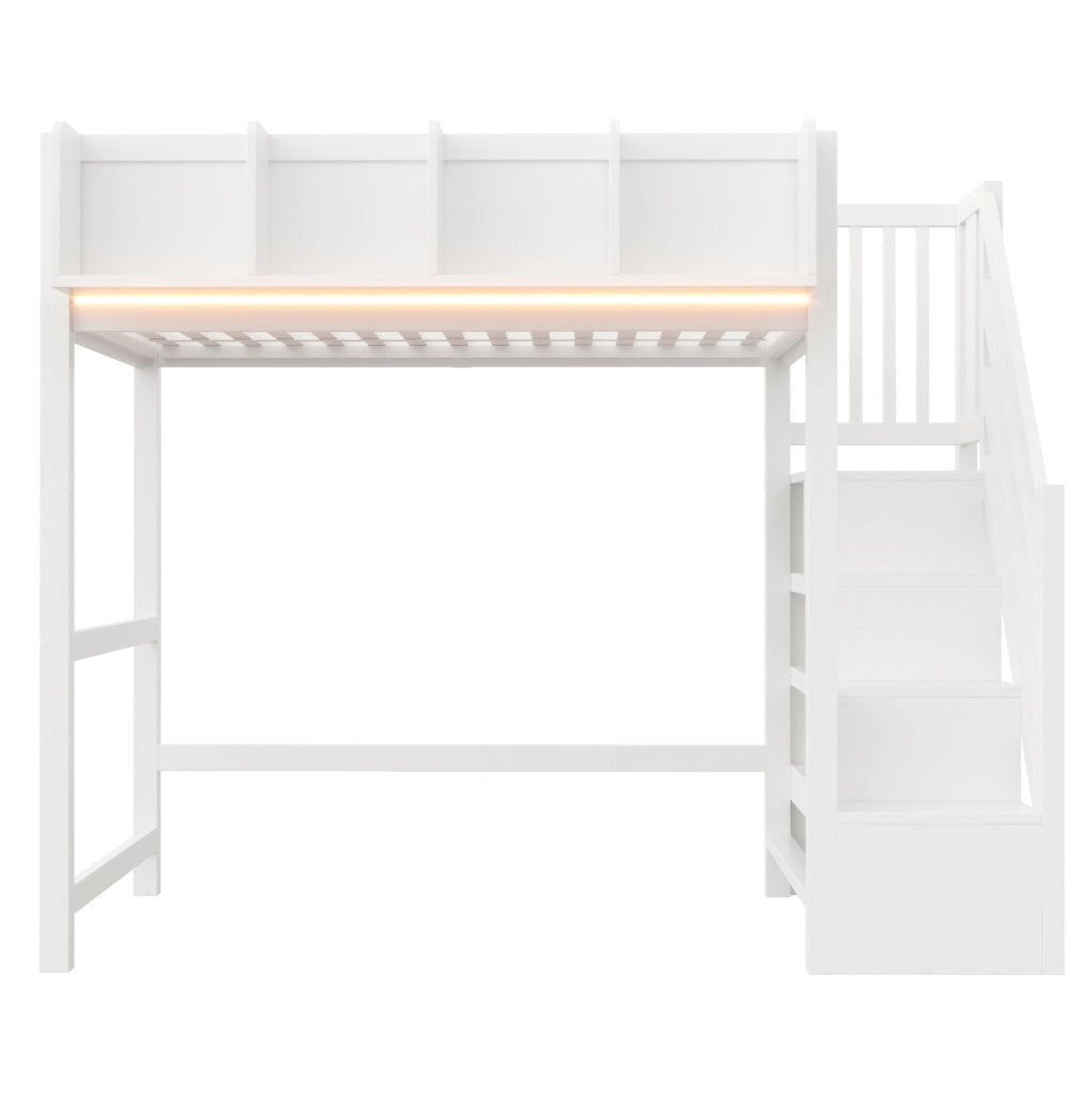 Letto a soppalco 90x200 cm con LED; scaletta e vani portaoggetti in legno bianco