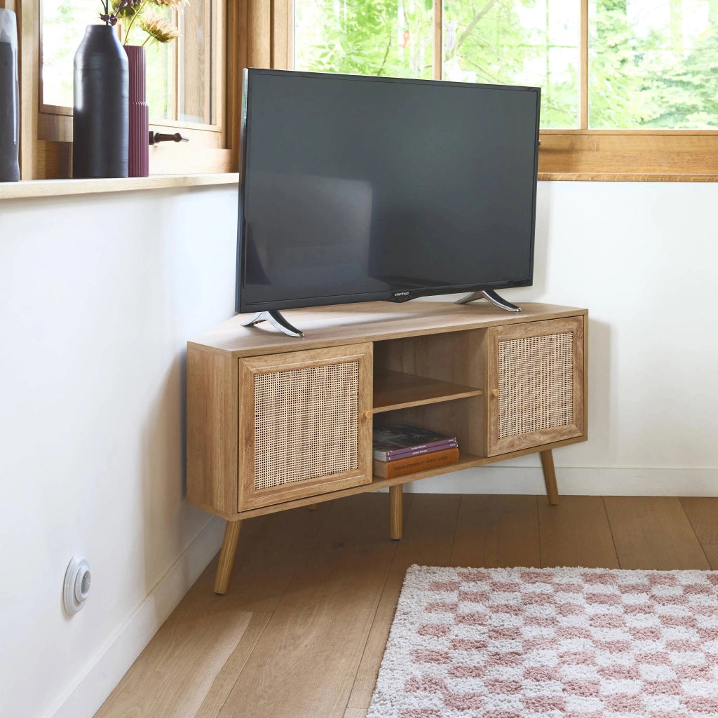 Mobile tv in legno e canna, 2 ante, 1 ripiano, 115cm, marrone naturale