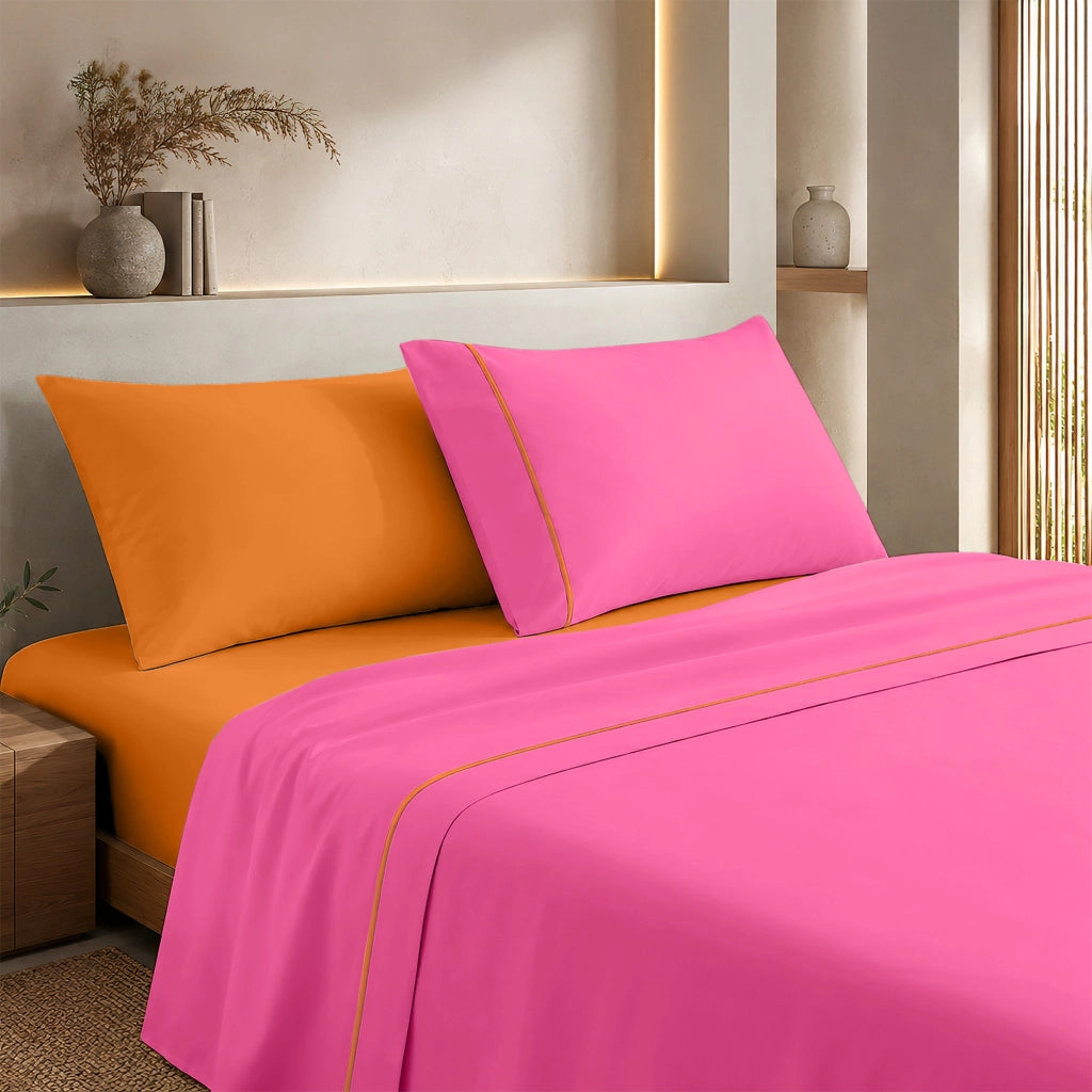 Completo Lenzuola Matrimoniale Bicolore in Tinta Unita, Cotone Certificato OEKO-TEX, Set 4 Pezzi con Lenzuolo Sopra, Sotto con Angoli e 2 Federe  Fuxia-Arancio