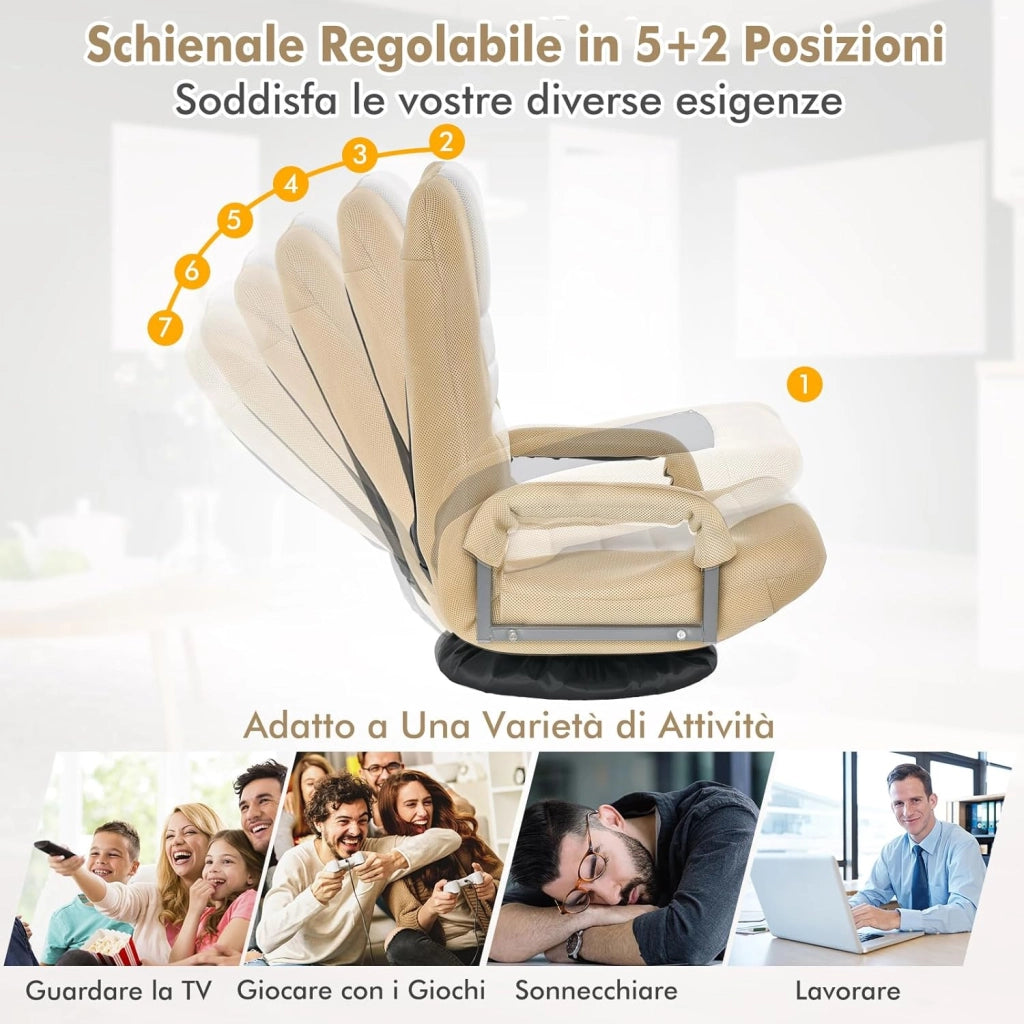 Sedia da Pavimento Pighevole, Sedia da Terra con Braccioli, Poltrona da Yoga Portatile e Girevole, Poltrona con Schienale Regolabile a 5+2 Livelli, Portata 150 kg (Marrone chiaro)