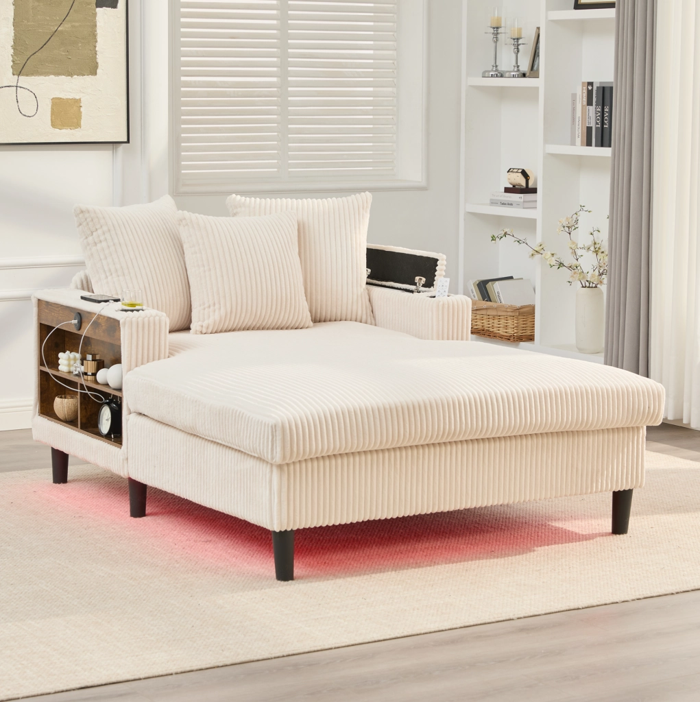 Chaise longue 170x129x70 cm in velluto a coste beige con LED， USB e vano