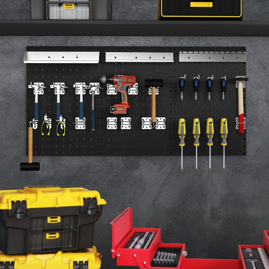 Kit 3 Pannelli Porta Attrezzi da Parete 60 x 40 cm, Pannello Forato Portaoggetti con 24 Ganci e Supporti, Pannello Portautensili per Officina e Garage (Nero)