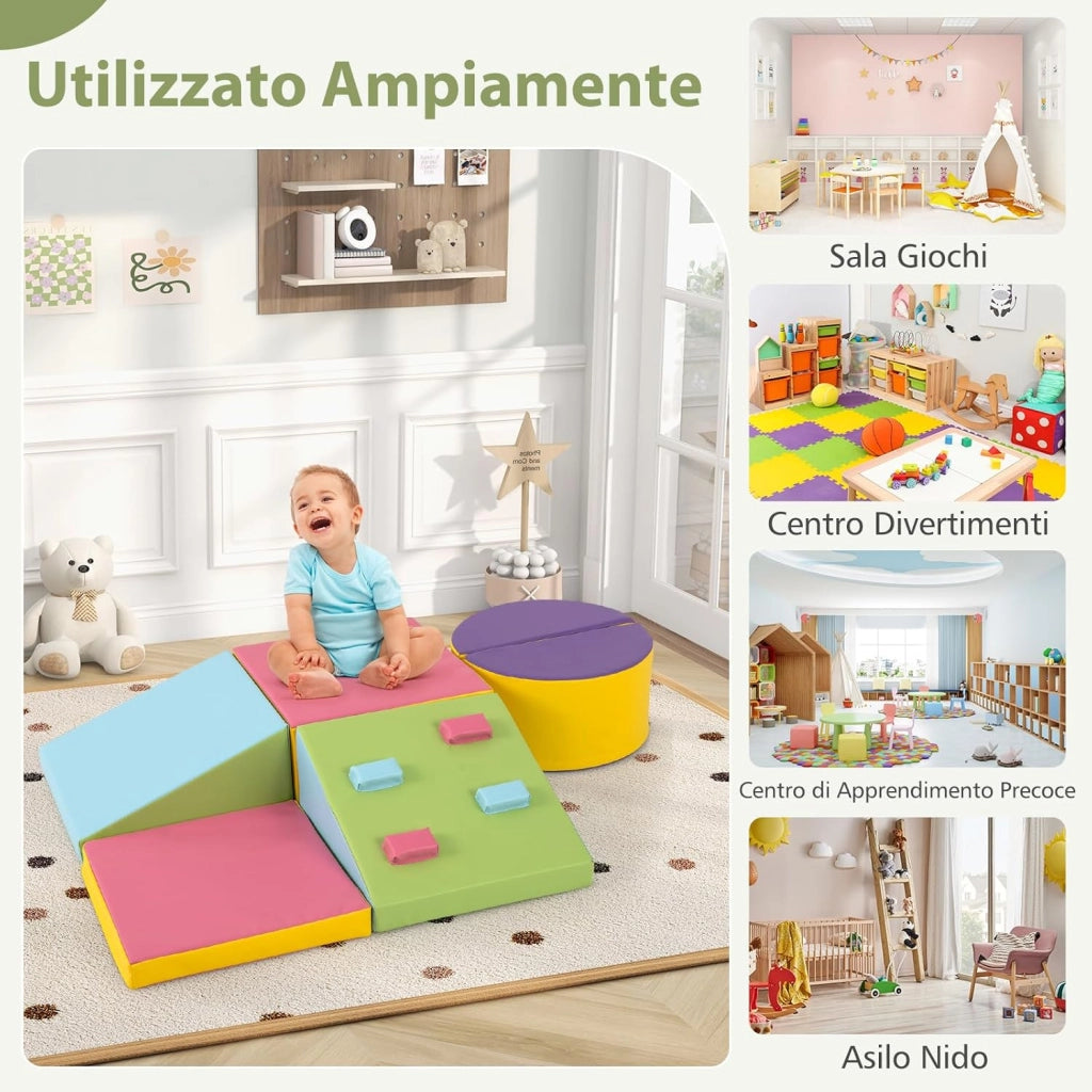 Set di 6 Blocchi di Schiuma per Arrampicata per Bambini, Blocchi in Schiuma per Arrampicarsi e Strisciare, Costruzione Mattoncini Morbidi per Bambini 12+ Mesi, Multicolore