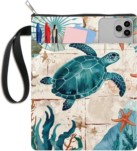 Copertina per Notebook in Stoffa Protettiva con Motivi Oceano, Squalo e Alga Marina Blu, Rilasciabile e Lavabile, con Tasca e Raccordo con Rits per Libri di 11 x 8,6 Pollici