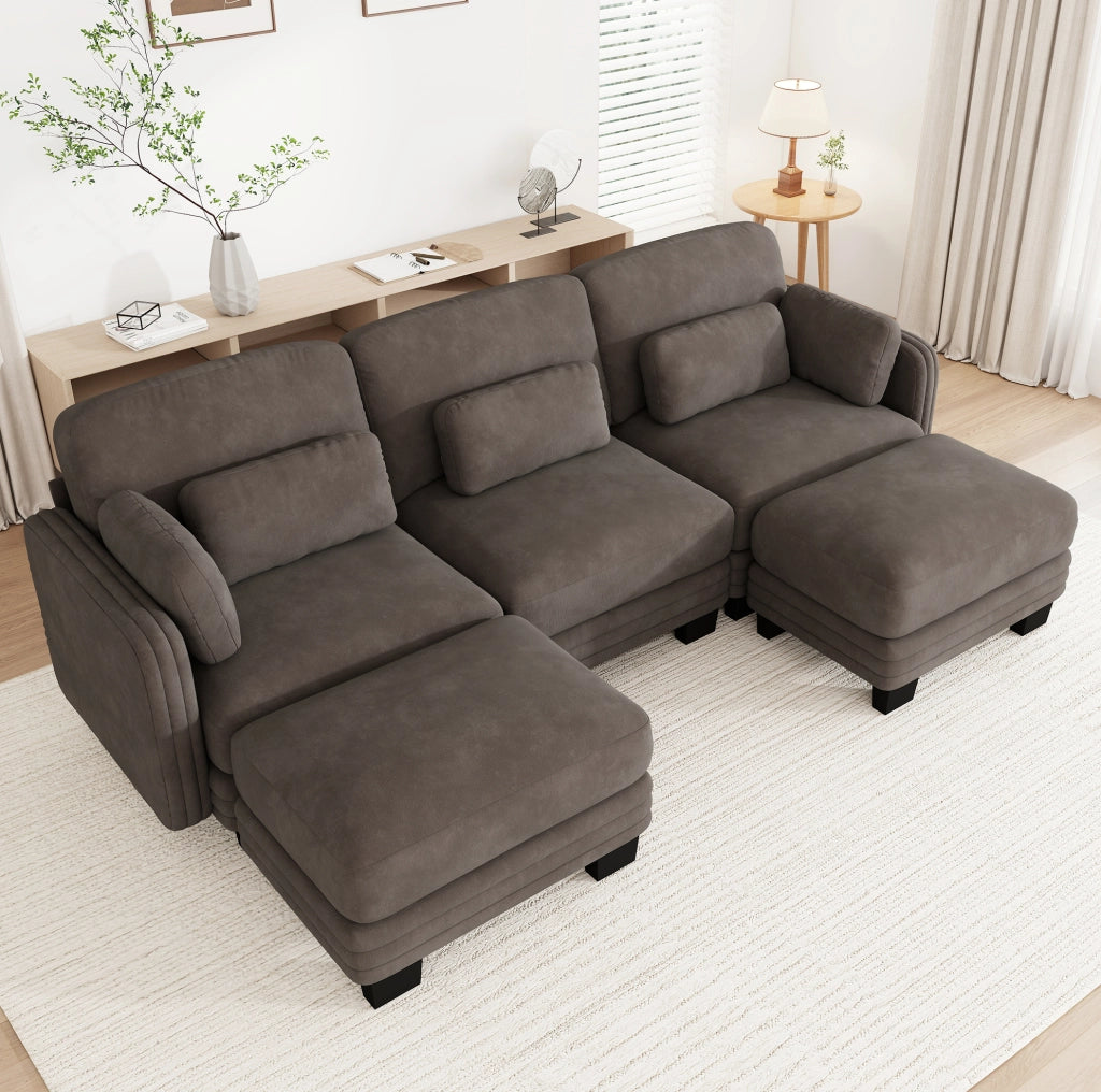 Divano modulare 253x143x88 cm in chenille con pouf e cuscini mobili; marrone