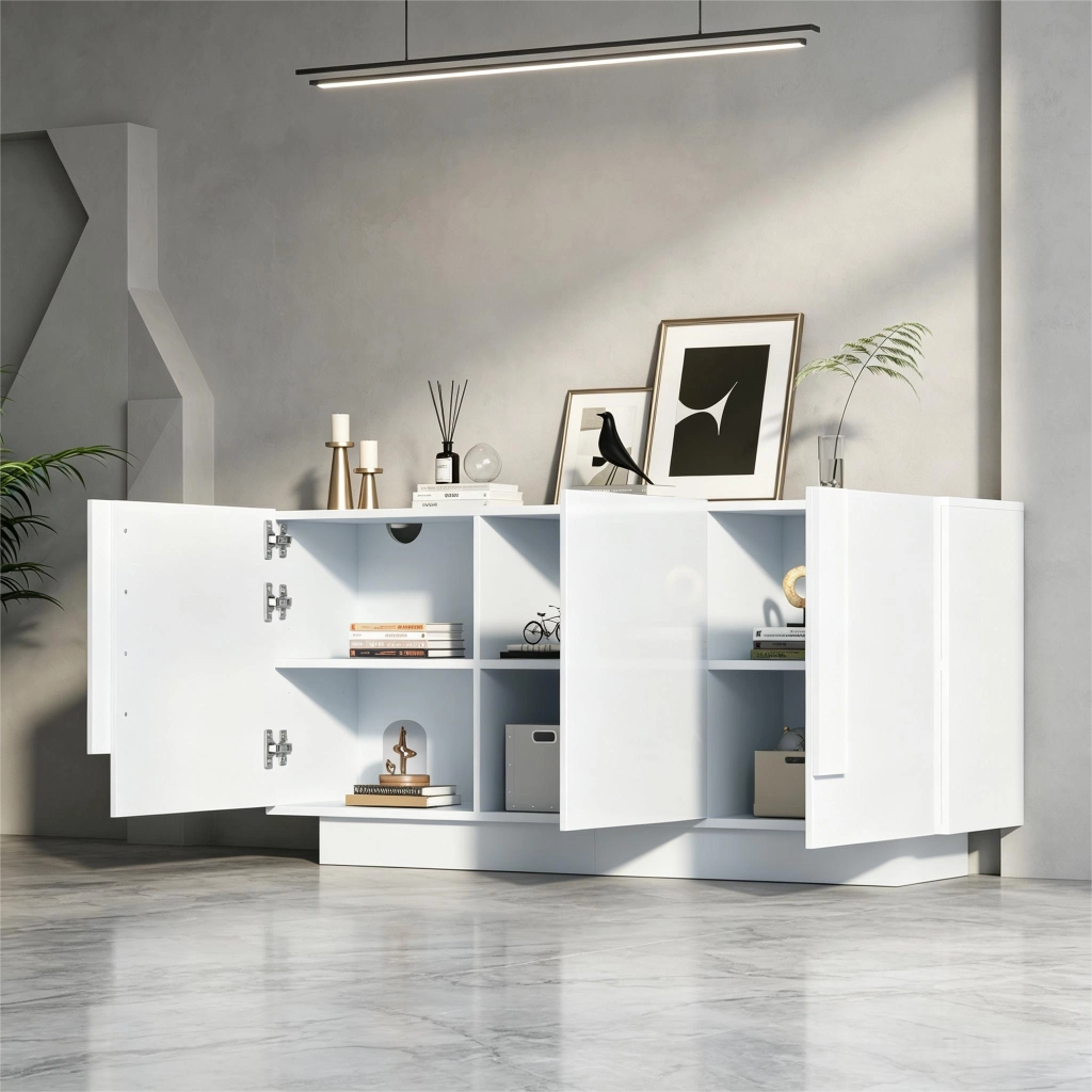 Credenza con 3 ante e 6 vani; ripiani regolabili - per soggiorno e sala da pranzo - 160×35×60 cm - bianco