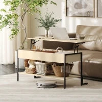 Tavolino con piano sollevabile, tavolino da soggiorno con vano nascosto e scaffale aperto, 95x40x59cm, legno naturale