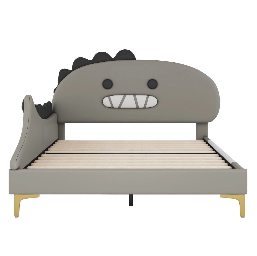 Letto per bambini 140x200 cm a forma di dinosauro cartoon, in PU e MDF grigio