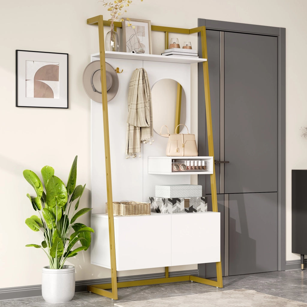 Mobile d'Ingresso con Specchio; 2 Ante; Ripiano Aperto e Ganci in Metallo; Stile Moderno; in MDF; 78??38;5??180;5 cm; Bianco